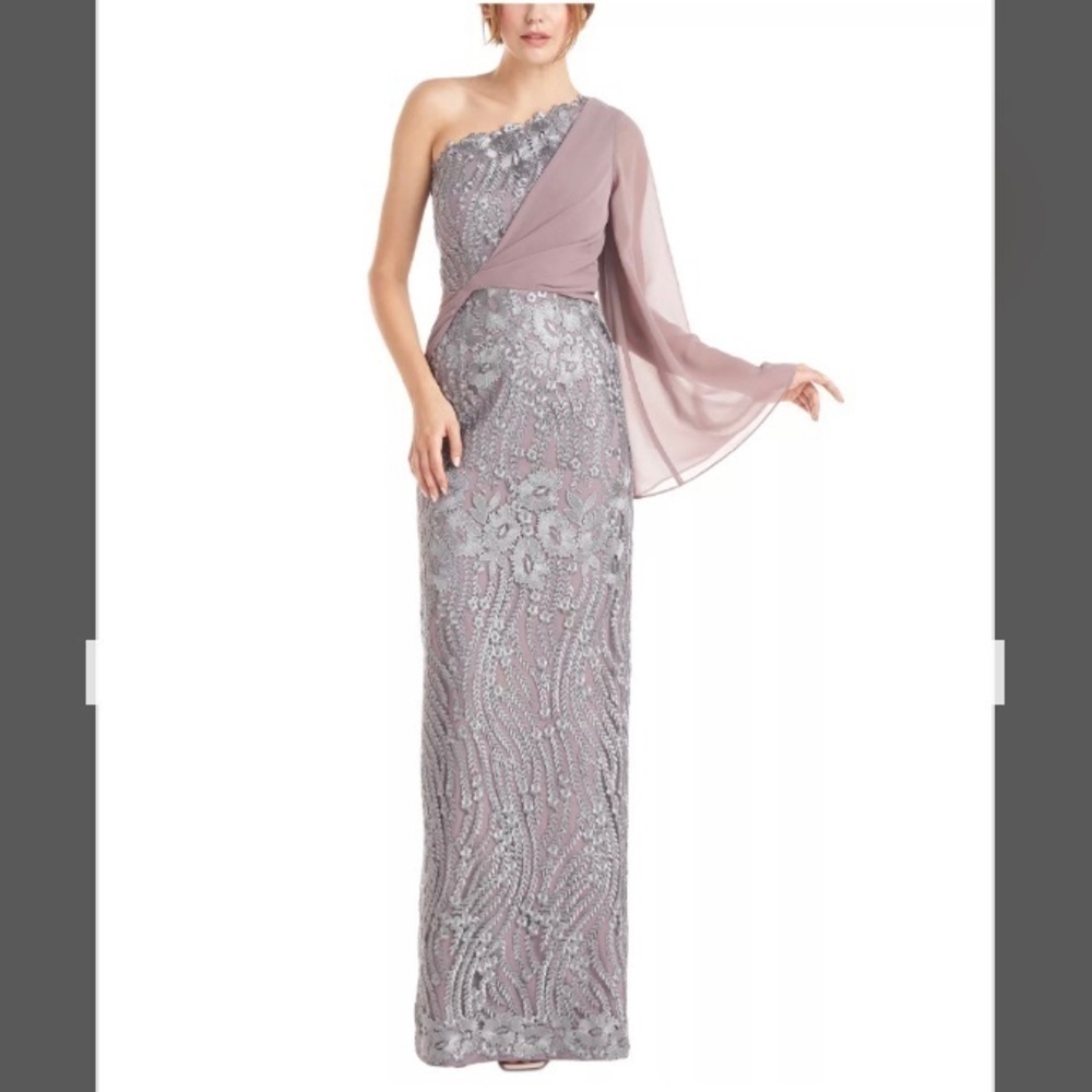 JS Collections Amari One-Shoulder Twist Embroidered Lace Overlay Gown in Steel - Picture 8 of 8